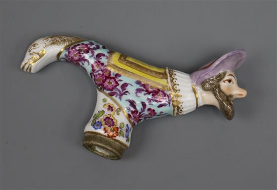 A Continental, possibly Meissen, porcelain walking cane handle, L 12cm